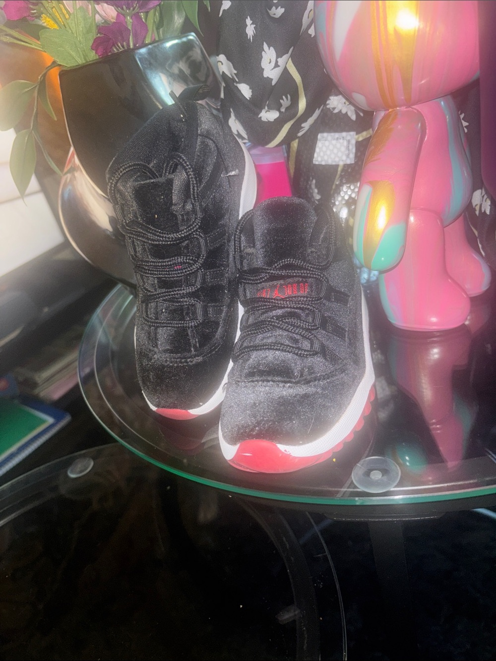 Jordan Kids Black Velvet Sneakers with Red Accents